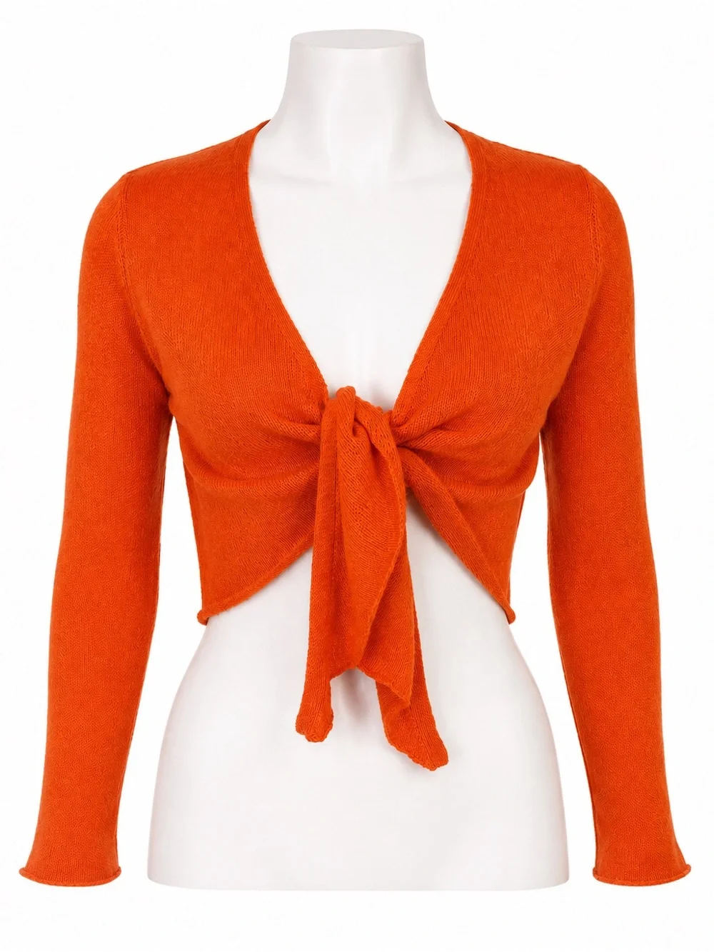 Rebecca Elliot Orange Silk Cashmere Tie Front Crop Cardigan Sweater,